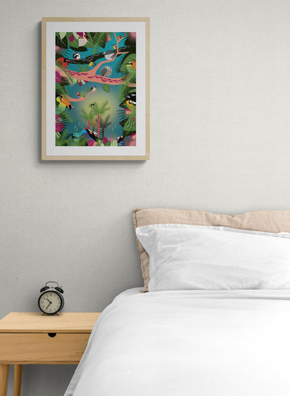 Vibrant jungle-themed illustration by Studio Frits featuring a lush tropical canopy filled with colorful exotic birds perched on graphic pink and black branches. Set against a dreamy teal-green background with bold botanical elements, this dynamic art print captures the rich biodiversity of the Amazon—perfect for brightening up modern interiors, kids’ rooms, or nature-inspired spaces