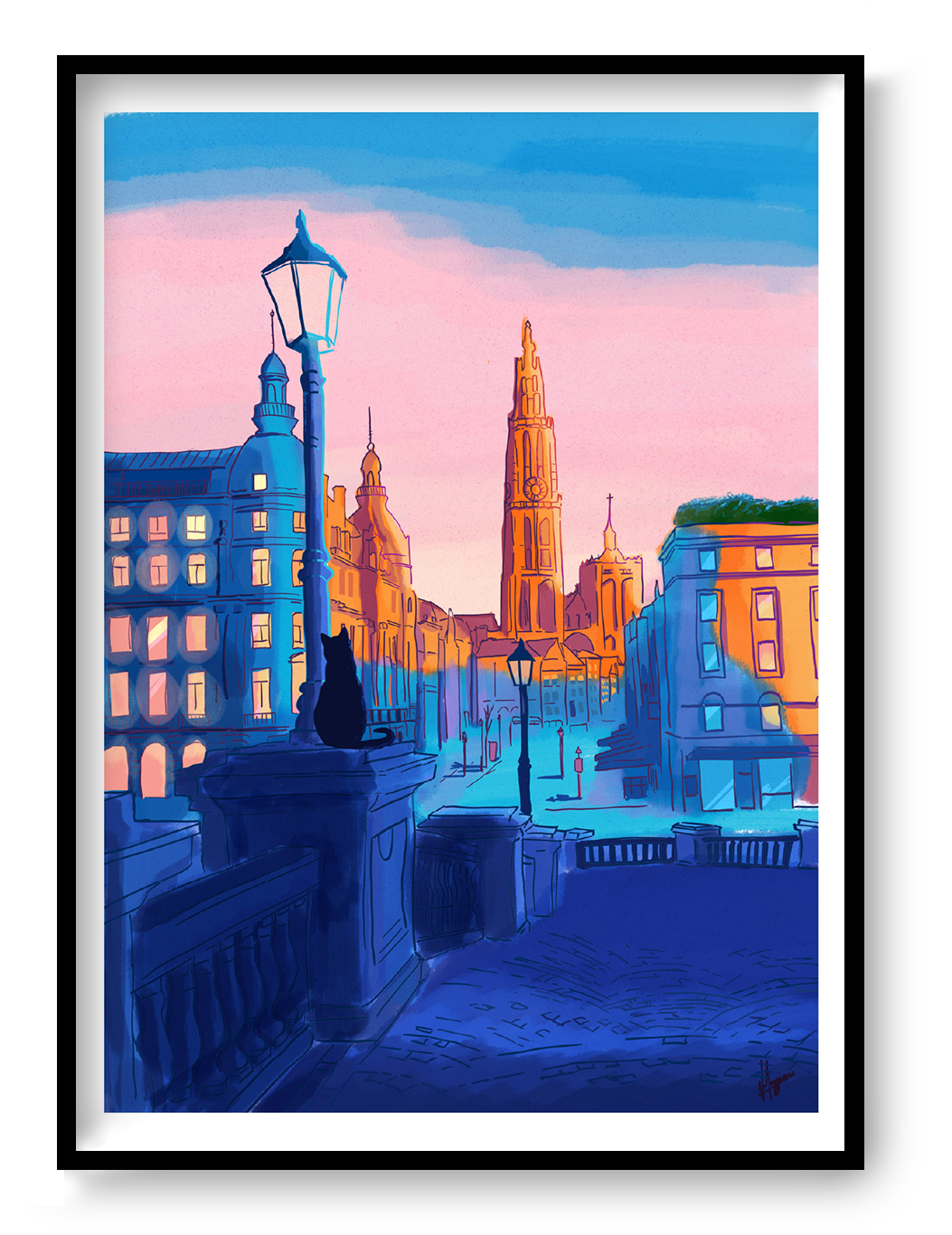 Vertical giclée art print by Valeria Maggiani showing a colourful view towards Antwerp Cathedral, with a seated black cat, deep blue streets and a pink sky, ideal for contemporary wall decor.