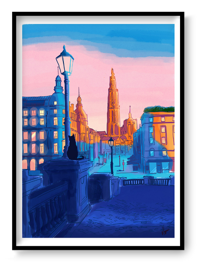 Vertical giclée art print by Valeria Maggiani showing a colourful view towards Antwerp Cathedral, with a seated black cat, deep blue streets and a pink sky, ideal for contemporary wall decor.