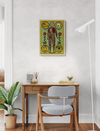 Anatomía de un cuerpo sesi by Asis Percales – A3 surreal anatomical art print inspired by tattoo culture, circus and comic aesthetics, colorful Spanish contemporary illustration, eclectic and bold wall decor.