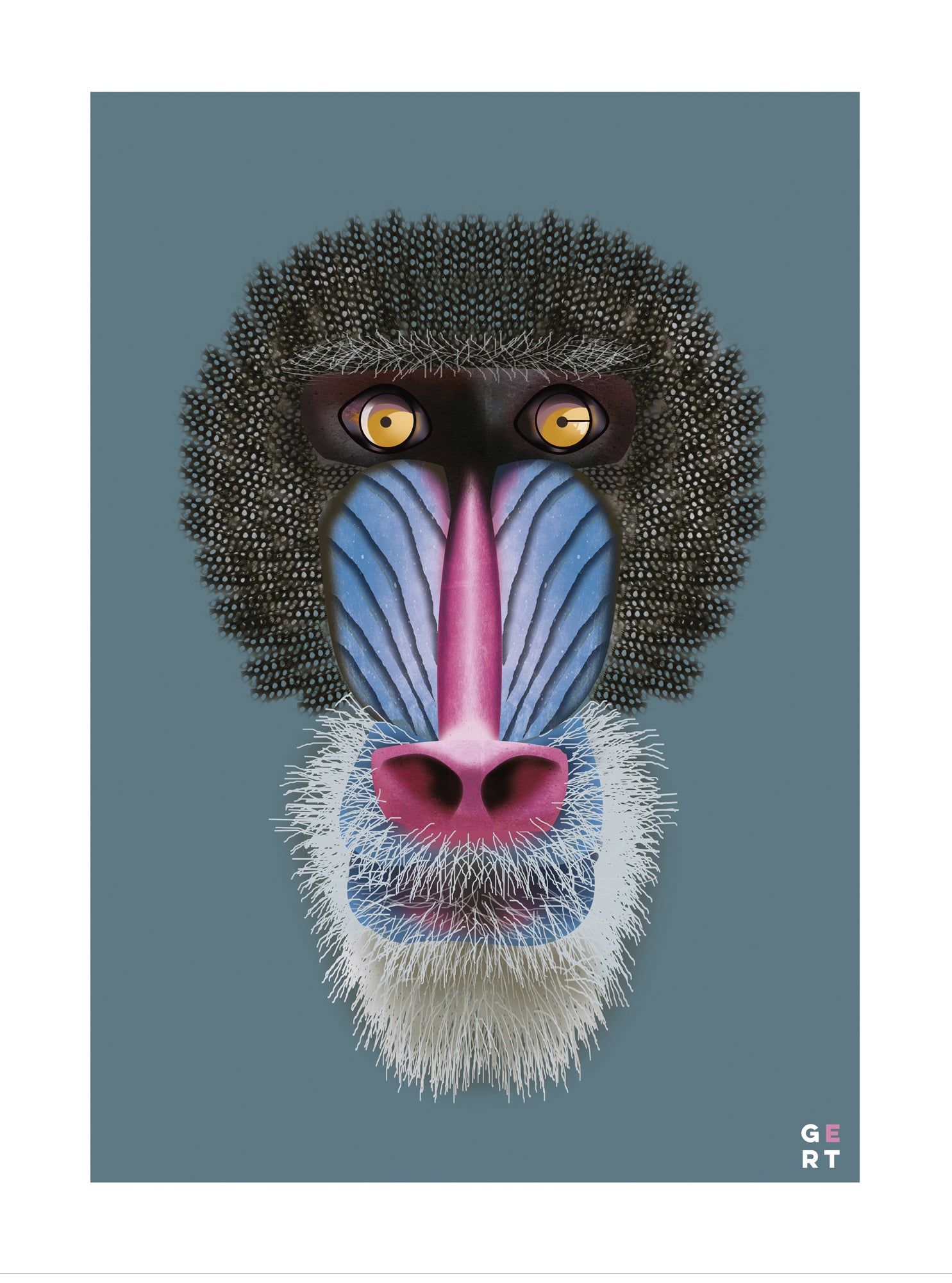 Colorful mandrill monkey portrait illustration art print by Studio Frits (Gert Paenen), modern wildlife wall art with vibrant blue and pink tones.