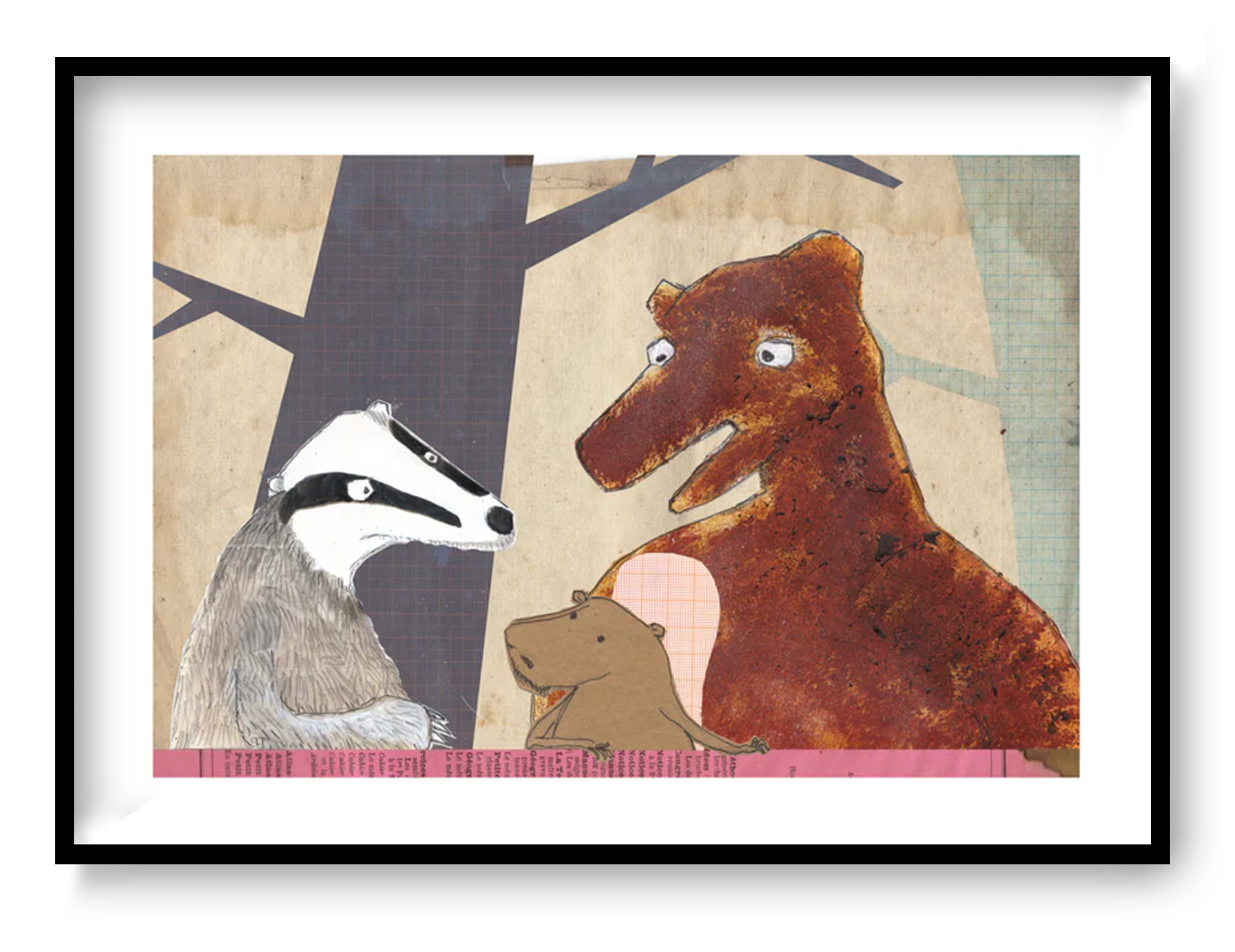 Whimsical collage-style illustrations by Studio Frits from the 'Animal School' series, featuring charming woodland creatures—bears, badgers, rabbits, and ducks—engaging in school-like scenes set in stylized forest environments. Created with layered textures, vintage maps, and paper cutout effects, these playful and imaginative prints are perfect for children’s rooms, creative spaces, and storybook-themed decor