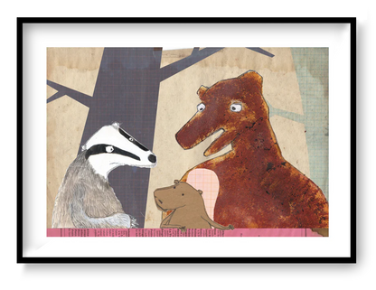 Whimsical collage-style illustrations by Studio Frits from the 'Animal School' series, featuring charming woodland creatures—bears, badgers, rabbits, and ducks—engaging in school-like scenes set in stylized forest environments. Created with layered textures, vintage maps, and paper cutout effects, these playful and imaginative prints are perfect for children’s rooms, creative spaces, and storybook-themed decor