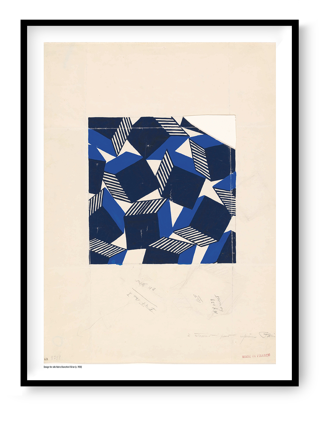 Geometric Bianchini-Férier silk fabric design with deep blue, navy and cream angular shapes and striped details, digitally printed in portrait format as graphic wall art.