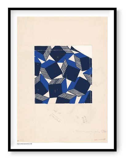 Geometric Bianchini-Férier silk fabric design with deep blue, navy and cream angular shapes and striped details, digitally printed in portrait format as graphic wall art.