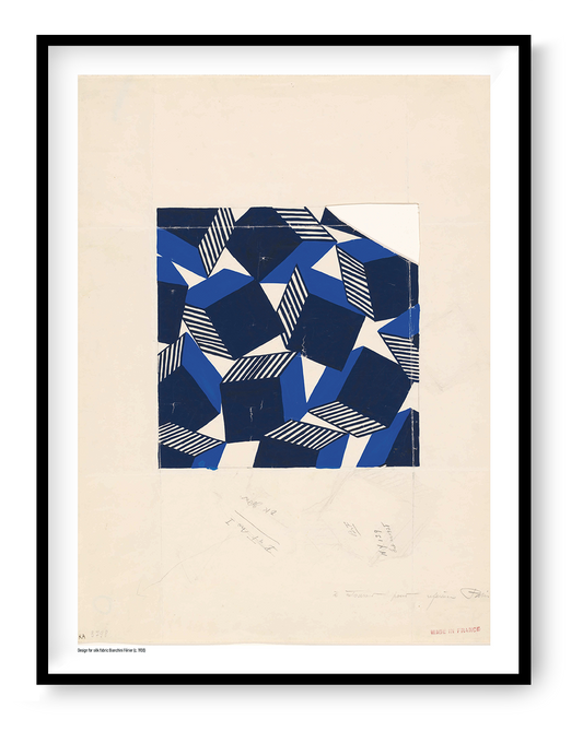 Geometric Bianchini-Férier silk fabric design with deep blue, navy and cream angular shapes and striped details, digitally printed in portrait format as graphic wall art.