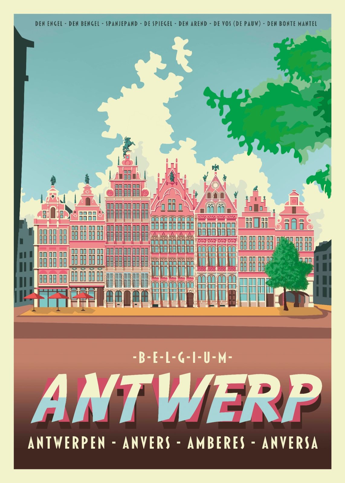 Large architectural digital art print of Antwerp Grote Markt, featuring Renaissance guildhalls, historic façades, and bold graphic colors by Belgian illustrator Gert Paenen.