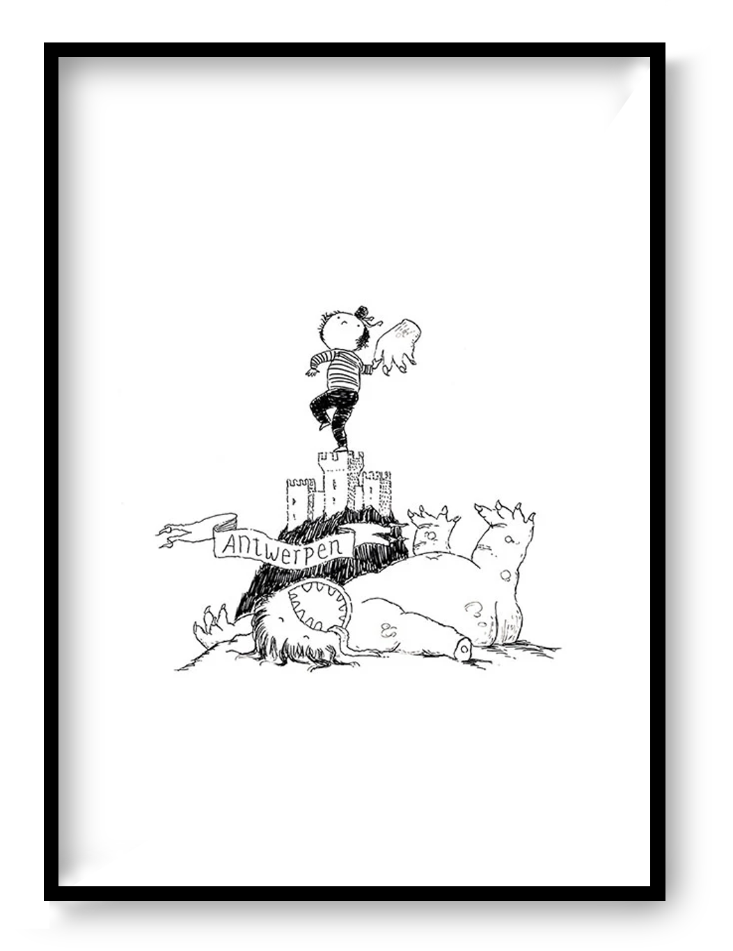 Whimsical black-and-white line drawing by Willy Leung titled 'Antwerpen,' featuring a heroic child standing atop the medieval fortress Het Steen, waving a severed monster hand in triumph above a defeated dragon. A playful and imaginative tribute to the city of Antwerp, combining humor, folklore, and childlike wonder—ideal for fans of storytelling art and charming city-themed prints