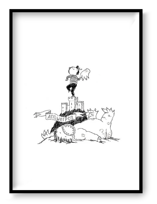 Whimsical black-and-white line drawing by Willy Leung titled 'Antwerpen,' featuring a heroic child standing atop the medieval fortress Het Steen, waving a severed monster hand in triumph above a defeated dragon. A playful and imaginative tribute to the city of Antwerp, combining humor, folklore, and childlike wonder—ideal for fans of storytelling art and charming city-themed prints