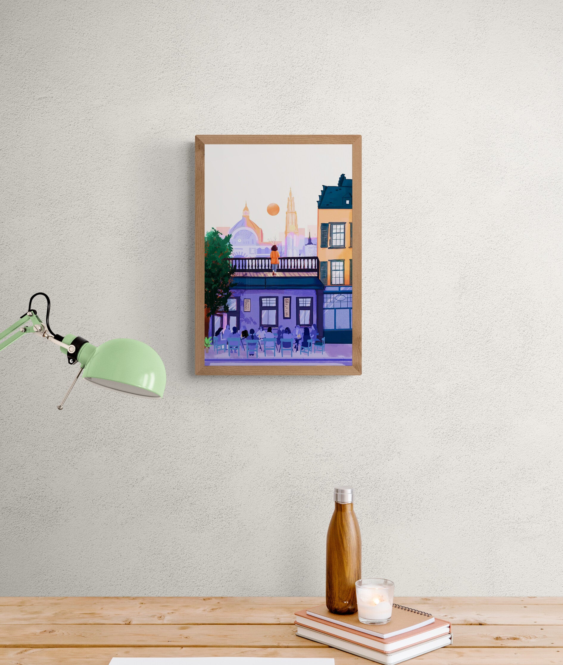 Illustrated cityscape of Antwerp by Mexican artist Valeria Maggiani – warm sunset tones, iconic skyline, Cathedral of Our Lady, terrace with people, printed in Belgium under the artist's supervision, signed and numbered A4 digital art print – modern wall art for city and travel lovers.