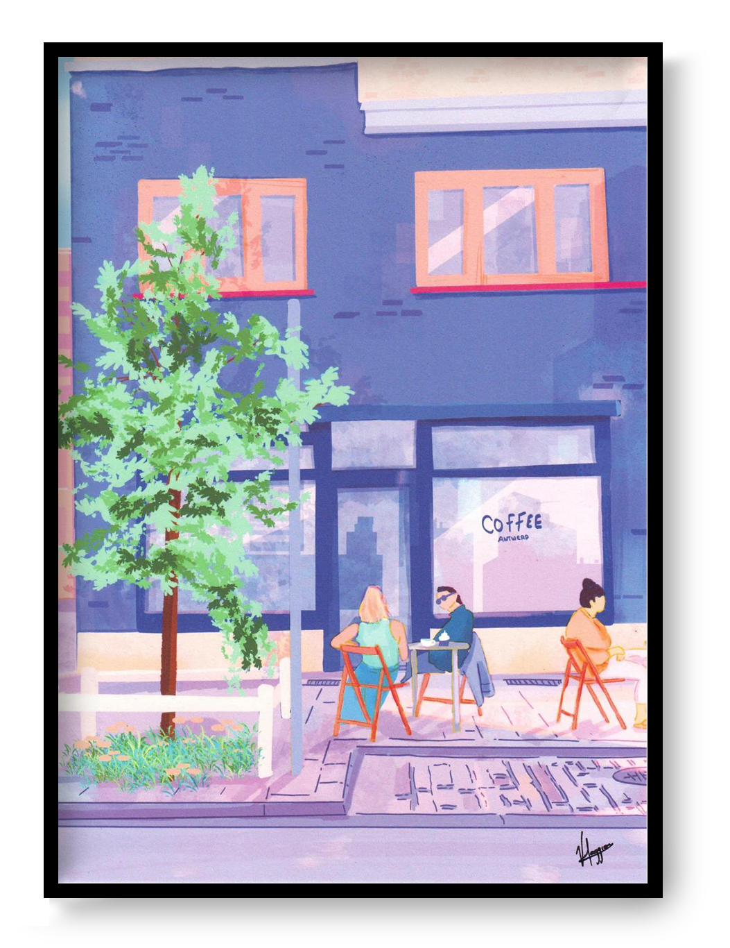 Antwerp Summer Coffee by Valeria Maggiani – A3 art print of a cozy summer café terrace in Antwerp with people enjoying coffee outdoors, urban lifestyle illustration in pastel tones, perfect wall art for design lovers and coffee enthusiasts.