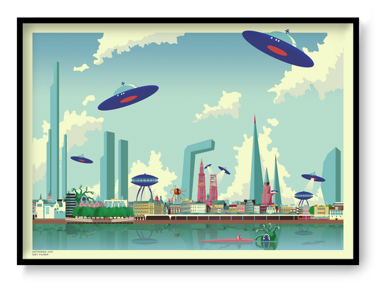 Futuristic illustration of Antwerp 2225 by Belgian artist Gert Paenen (Studio Frits), showing a colorful sci-fi city skyline with UFOs, sea monsters, and futuristic skyscrapers reflected in the Scheldt River – digital art print 50x70 cm available at Galerie Frits.