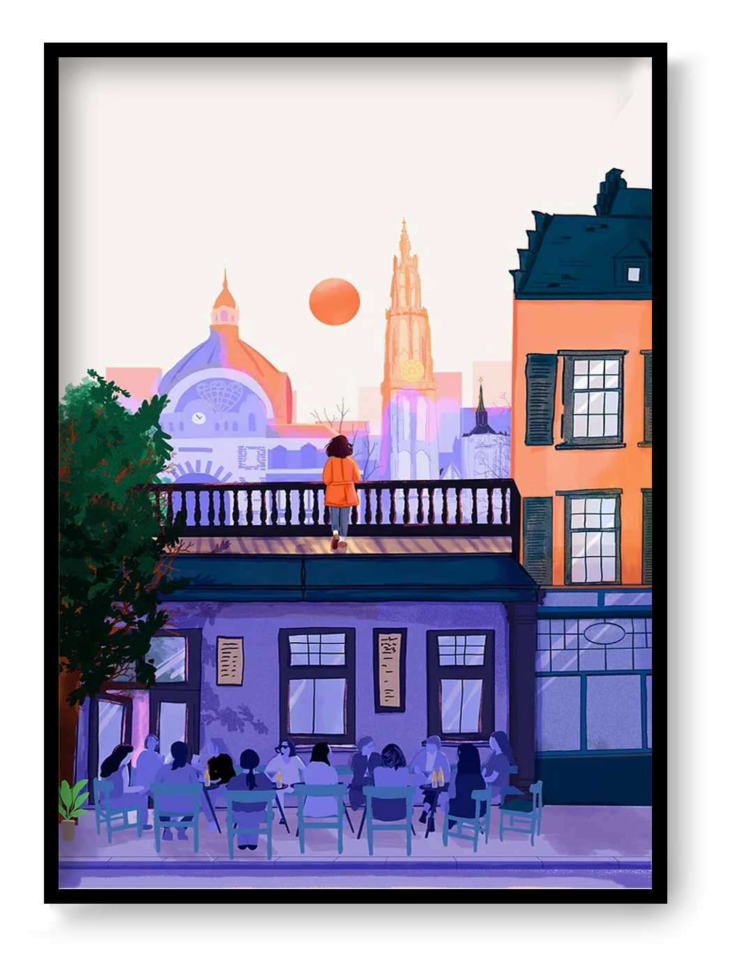 Illustrated cityscape of Antwerp by Mexican artist Valeria Maggiani – warm sunset tones, iconic skyline, Cathedral of Our Lady, terrace with people, printed in Belgium under the artist's supervision, signed and numbered A4 digital art print – modern wall art for city and travel lovers.