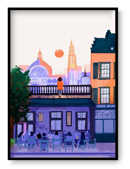 Illustrated cityscape of Antwerp by Mexican artist Valeria Maggiani – warm sunset tones, iconic skyline, Cathedral of Our Lady, terrace with people, printed in Belgium under the artist's supervision, signed and numbered A4 digital art print – modern wall art for city and travel lovers.