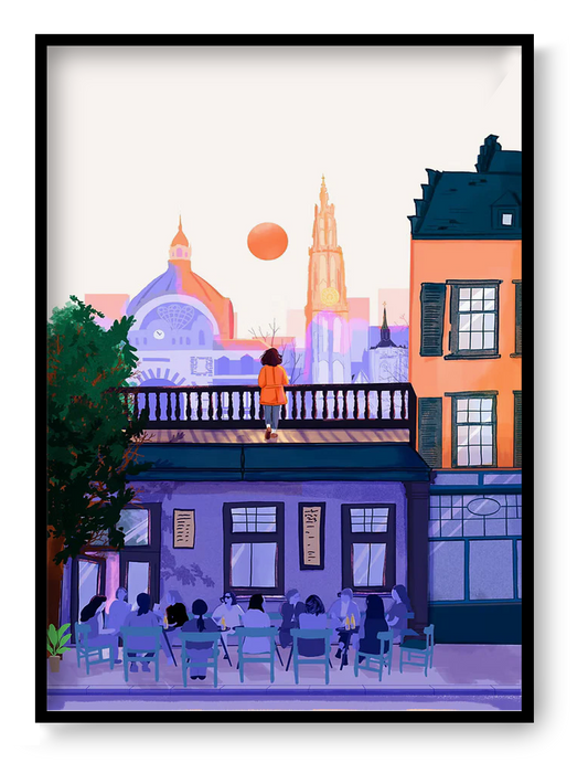 Illustrated cityscape of Antwerp by Mexican artist Valeria Maggiani – warm sunset tones, iconic skyline, Cathedral of Our Lady, terrace with people, printed in Belgium under the artist's supervision, signed and numbered A4 digital art print – modern wall art for city and travel lovers.