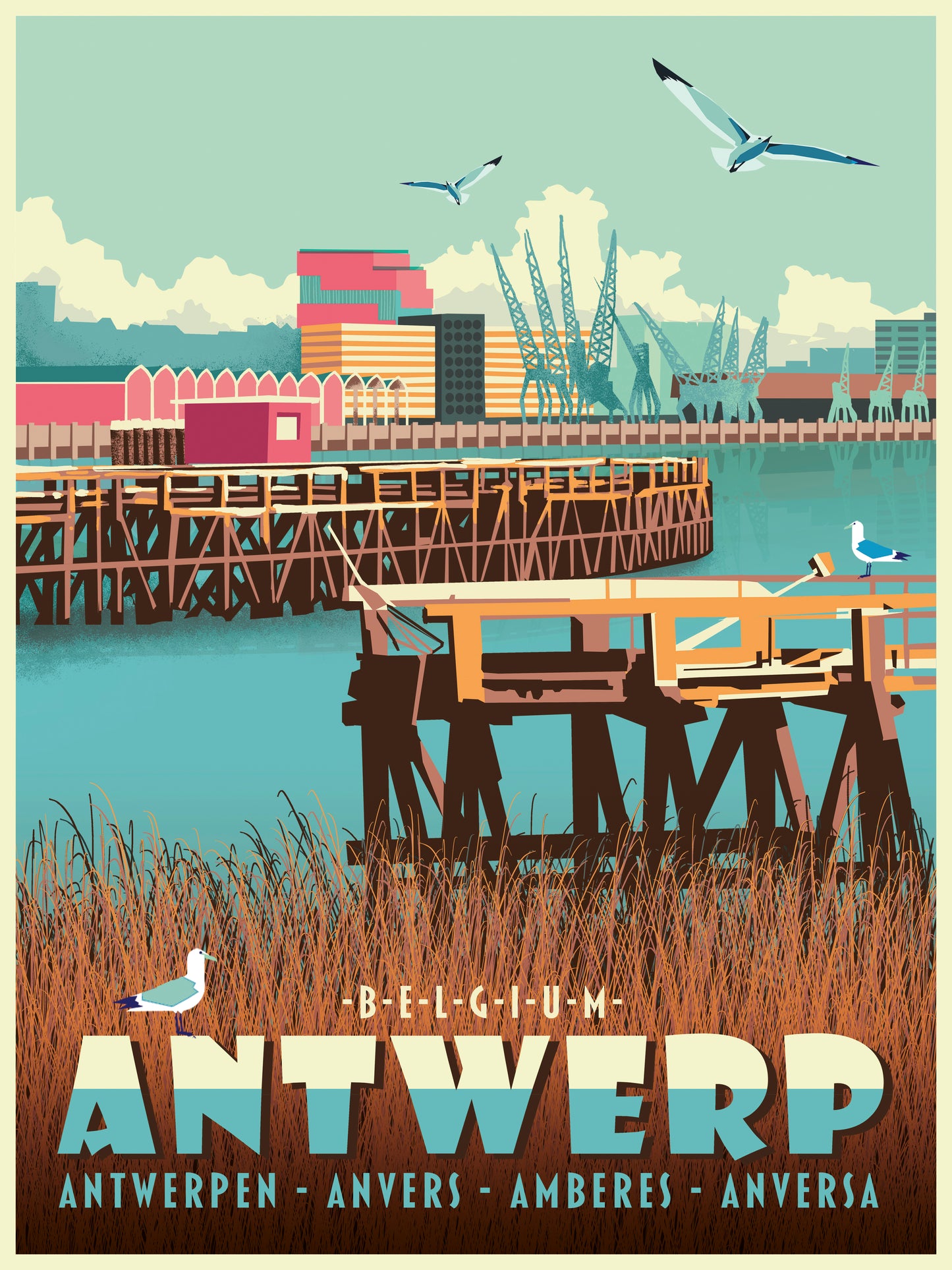 Digital architectural art print of Antwerp Eilandje harbor, featuring docks, cranes, water reflections, and seagulls in a retro-inspired style by Belgian illustrator Gert Paenen.