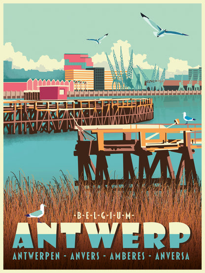 Digital architectural art print of Antwerp Eilandje harbor, featuring docks, cranes, water reflections, and seagulls in a retro-inspired style by Belgian illustrator Gert Paenen.