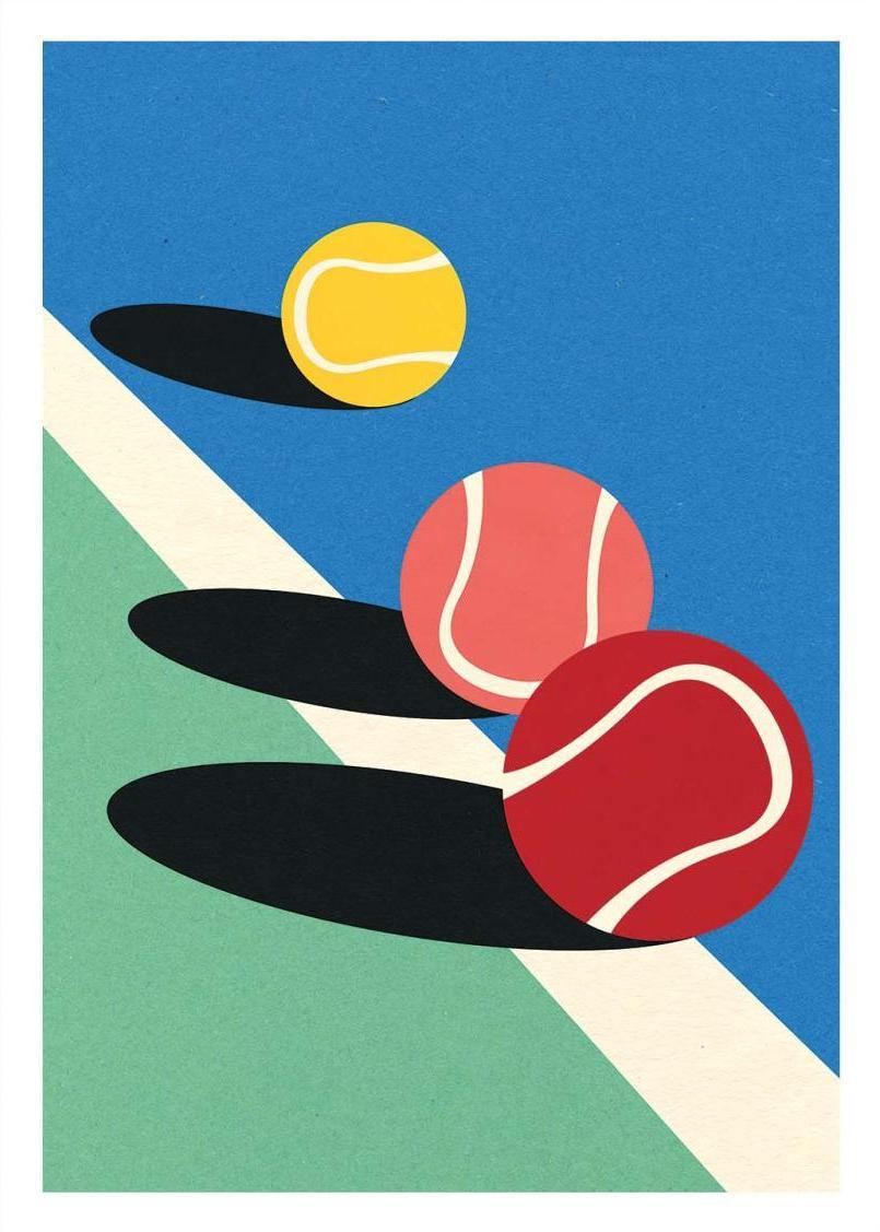 Minimalist art print 3 Tennis Balls by Rosi Feist — a vibrant digital illustration featuring three tennis balls in red, yellow, and pink with bold shadows on a blue and green court. Perfect contemporary wall art for sport lovers and modern design enthusiasts, 50 x 70 cm high-quality digital print.