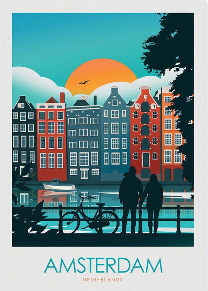 Colorful Amsterdam travel poster by Studio Inception featuring canal houses at sunset, a couple by the water, and a bicycle silhouette. Modern wall art print evoking Dutch architecture, romance, and vibrant city life.