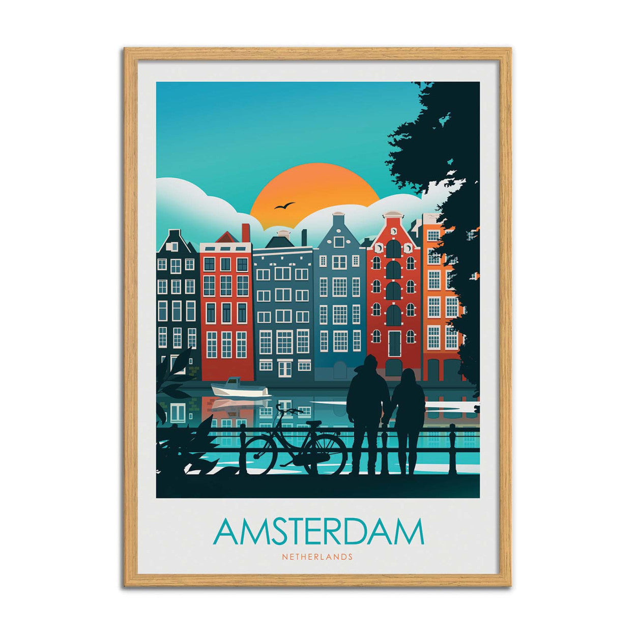 Colorful Amsterdam travel poster by Studio Inception featuring canal houses at sunset, a couple by the water, and a bicycle silhouette. Modern wall art print evoking Dutch architecture, romance, and vibrant city life.