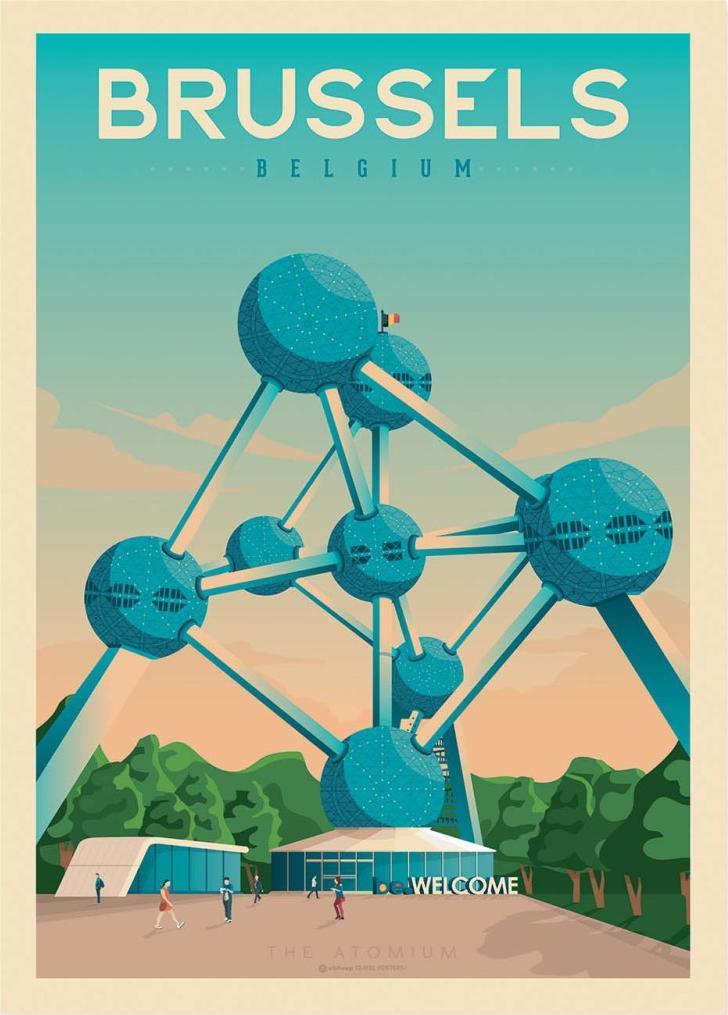 Vintage-style Brussels travel poster by Olahoop Travel Posters featuring the Atomium under a pastel sky. Retro digital art print in turquoise and orange tones, perfect wall decor for travelers and design enthusiasts. Printed in France, size 50x70 cm.
