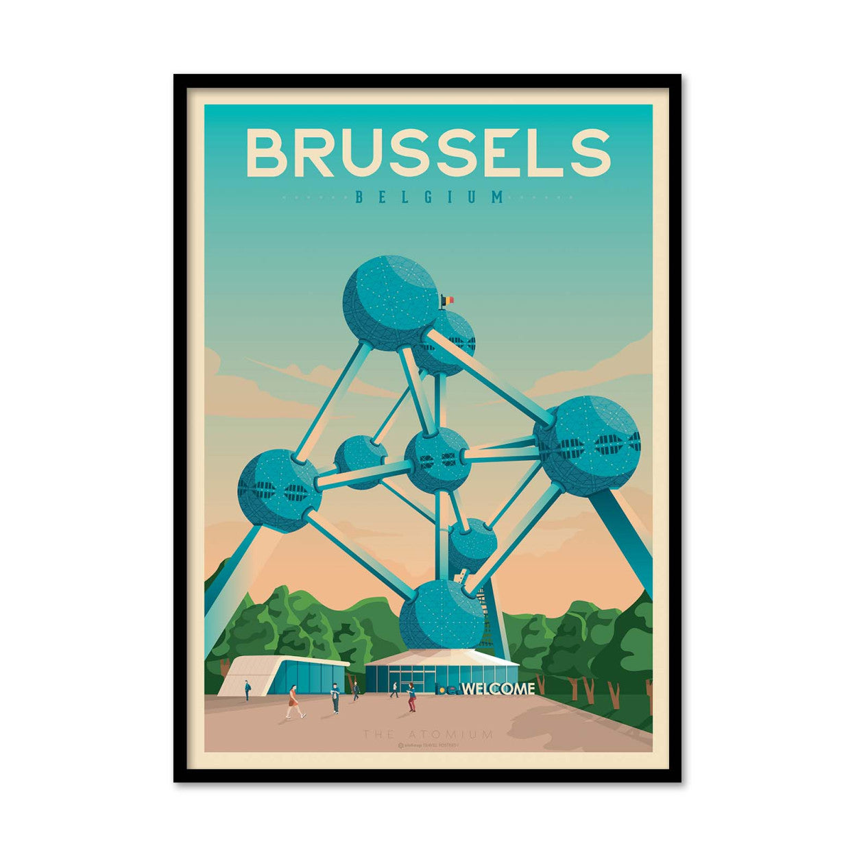 Vintage-style Brussels travel poster by Olahoop Travel Posters featuring the Atomium under a pastel sky. Retro digital art print in turquoise and orange tones, perfect wall decor for travelers and design enthusiasts. Printed in France, size 50x70 cm.