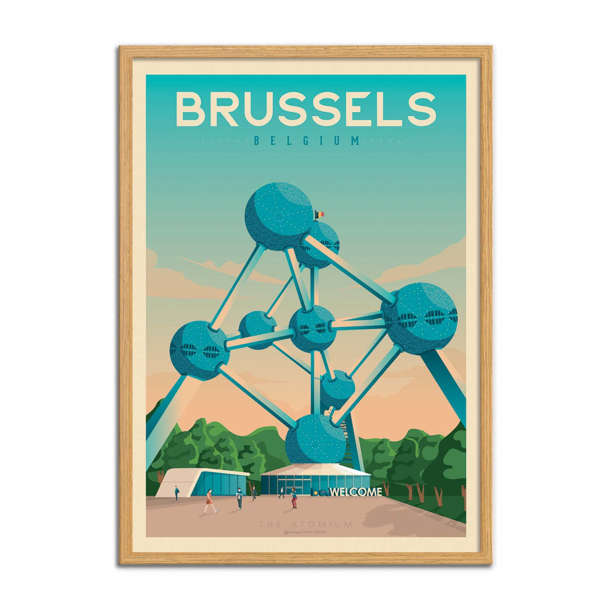 Vintage-style Brussels travel poster by Olahoop Travel Posters featuring the Atomium under a pastel sky. Retro digital art print in turquoise and orange tones, perfect wall decor for travelers and design enthusiasts. Printed in France, size 50x70 cm.
