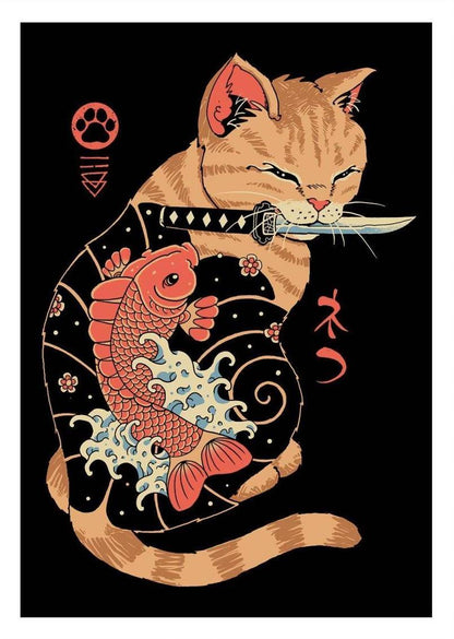 High-quality digital art print by Vincent Trinidad titled Tattooed Cat, featuring a stylized orange cat with a koi fish tattoo and a katana in its mouth, blending Japanese tattoo art and pop culture aesthetics. Perfect wall art for lovers of Japan-inspired design and contemporary illustration.
