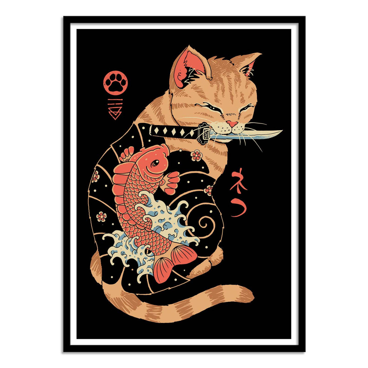 High-quality digital art print by Vincent Trinidad titled Tattooed Cat, featuring a stylized orange cat with a koi fish tattoo and a katana in its mouth, blending Japanese tattoo art and pop culture aesthetics. Perfect wall art for lovers of Japan-inspired design and contemporary illustration.