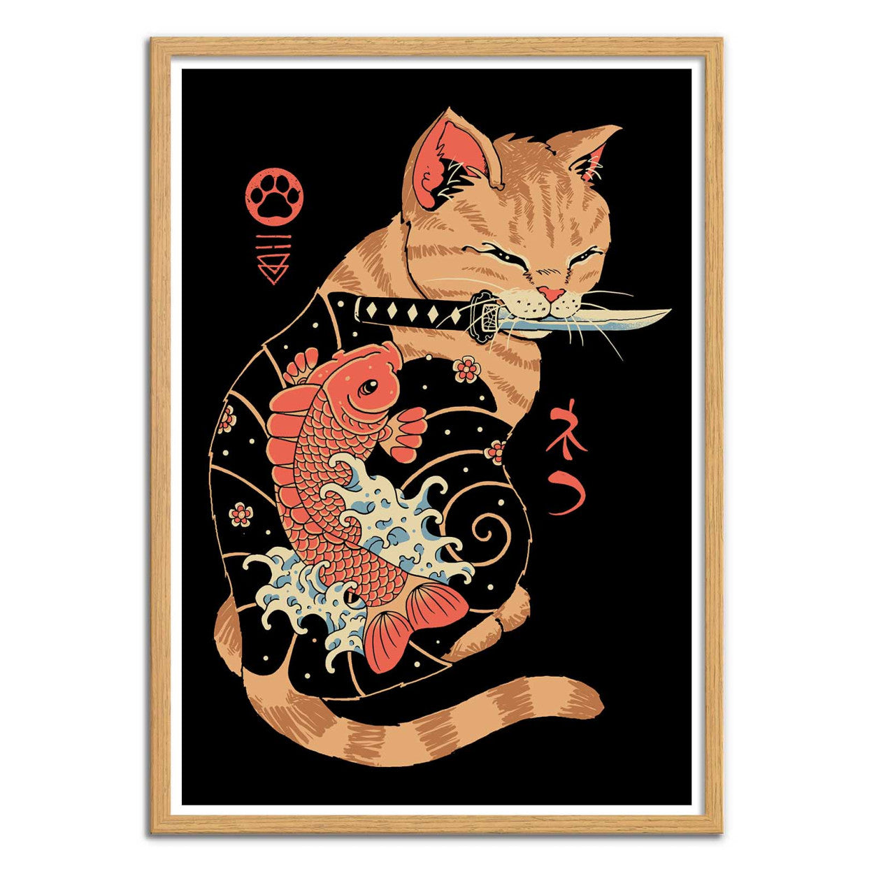 High-quality digital art print by Vincent Trinidad titled Tattooed Cat, featuring a stylized orange cat with a koi fish tattoo and a katana in its mouth, blending Japanese tattoo art and pop culture aesthetics. Perfect wall art for lovers of Japan-inspired design and contemporary illustration.