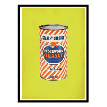 Clockwork Orange by David Redon – 30x40 cm pop art poster inspired by Stanley Kubrick’s cult film A Clockwork Orange, featuring a vintage 1960s-style canned drink design on a bright yellow background. Retro cinema wall art for movie lovers, printed in France on FSC-certified paper.