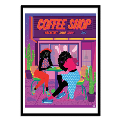 Dallas Coffee Shop by Aurélia Durand – 30x40 cm art print of two friends enjoying coffee outside a neon diner at night. Vibrant illustration full of bold colors, cacti, and cultural diversity, celebrating joy and connection. Printed in France on FSC-certified paper.