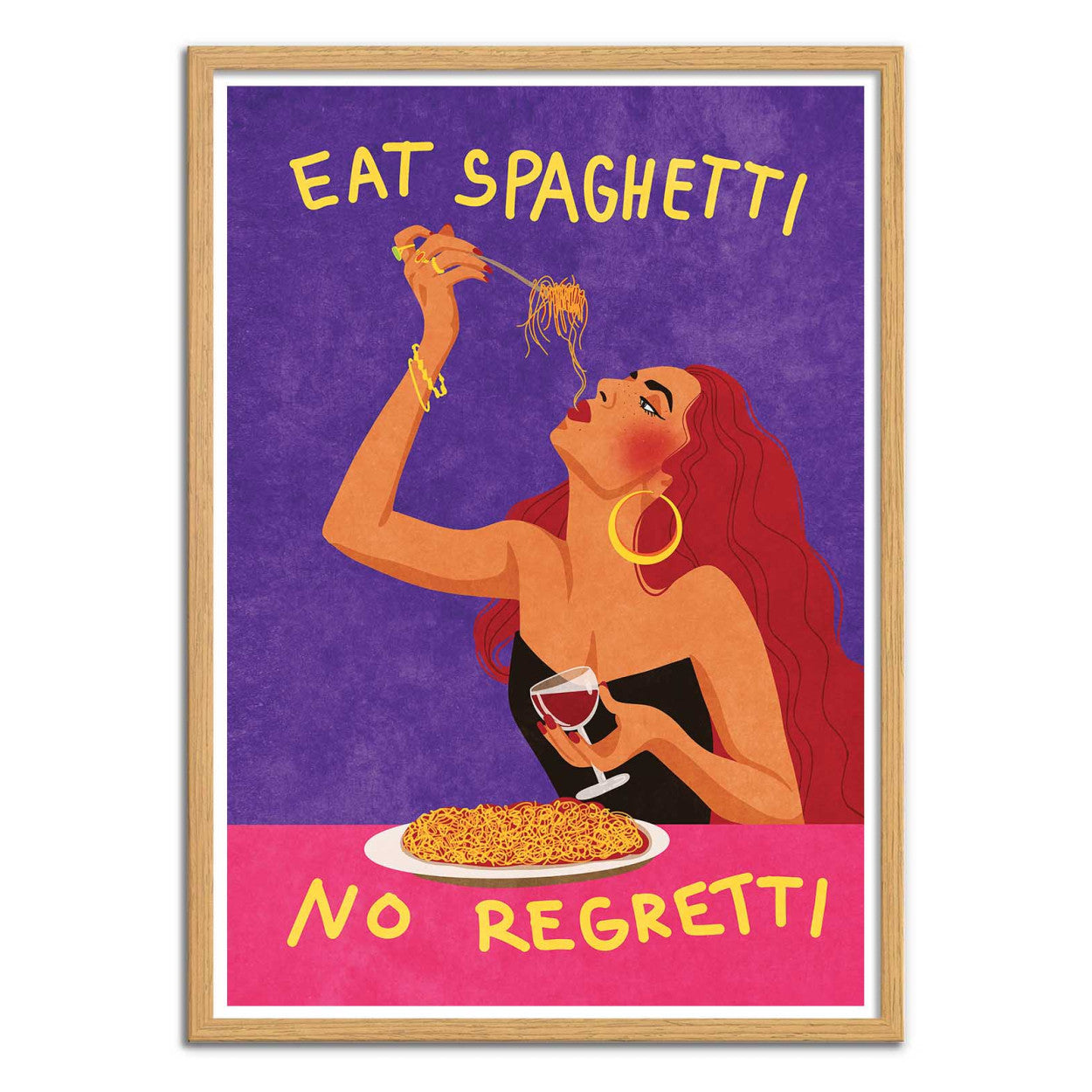 Colorful pop art poster by Raissa Oltmanns showing a glamorous woman with red hair eating spaghetti and holding a glass of wine, with the phrase “Eat Spaghetti No Regretti” in bold yellow letters on a purple and pink background. Perfect kitchen wall art with Italian humor and retro style.
