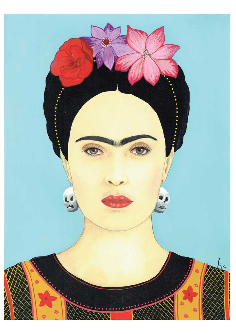 Colourful portrait art print of Frida Kahlo by Soizic Bihel featuring flowers in her hair, skull earrings, and a light blue background, contemporary pop culture wall art print for modern interiors.
