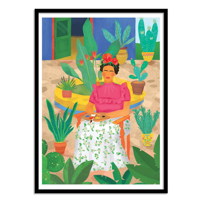 Frida by Petra Lizde – 30x40 cm colorful art print of Frida Kahlo seated in a garden with tropical plants. Vibrant Mexican-inspired wall art, botanical illustration, and bold portrait design perfect for adding creativity and warmth to interiors.