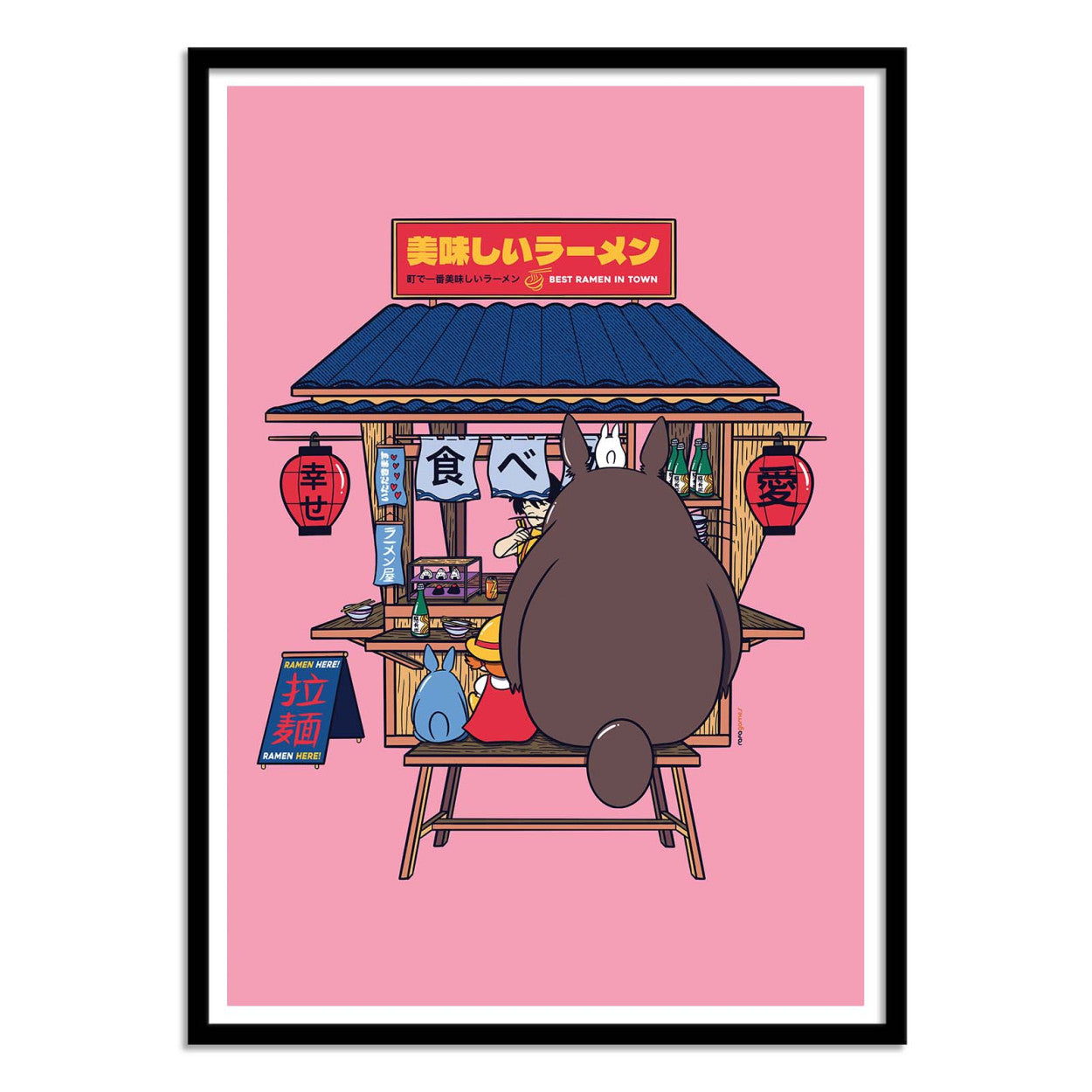 Colorful Japanese ramen stand illustration featuring Totoro and friends eating ramen under red lanterns, created by Rafa Gomes. Pop culture digital art print with pink background, inspired by anime and Japanese street food aesthetics.