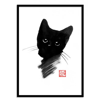 Black Kitty by Pechane Sumie – 30x40 cm Japanese sumi-e style art print of a black kitten with large expressive eyes, painted in bold black ink on white background. Minimalist cat wall art for elegant and zen interiors.