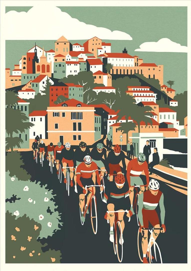High-quality art print Milan San Remo by Eliza Southwood, showing cyclists racing along the Italian Riviera under a sunlit sky with colorful hillside houses. Retro-inspired illustration celebrating classic cycling, perfect wall art for sports and design lovers.
