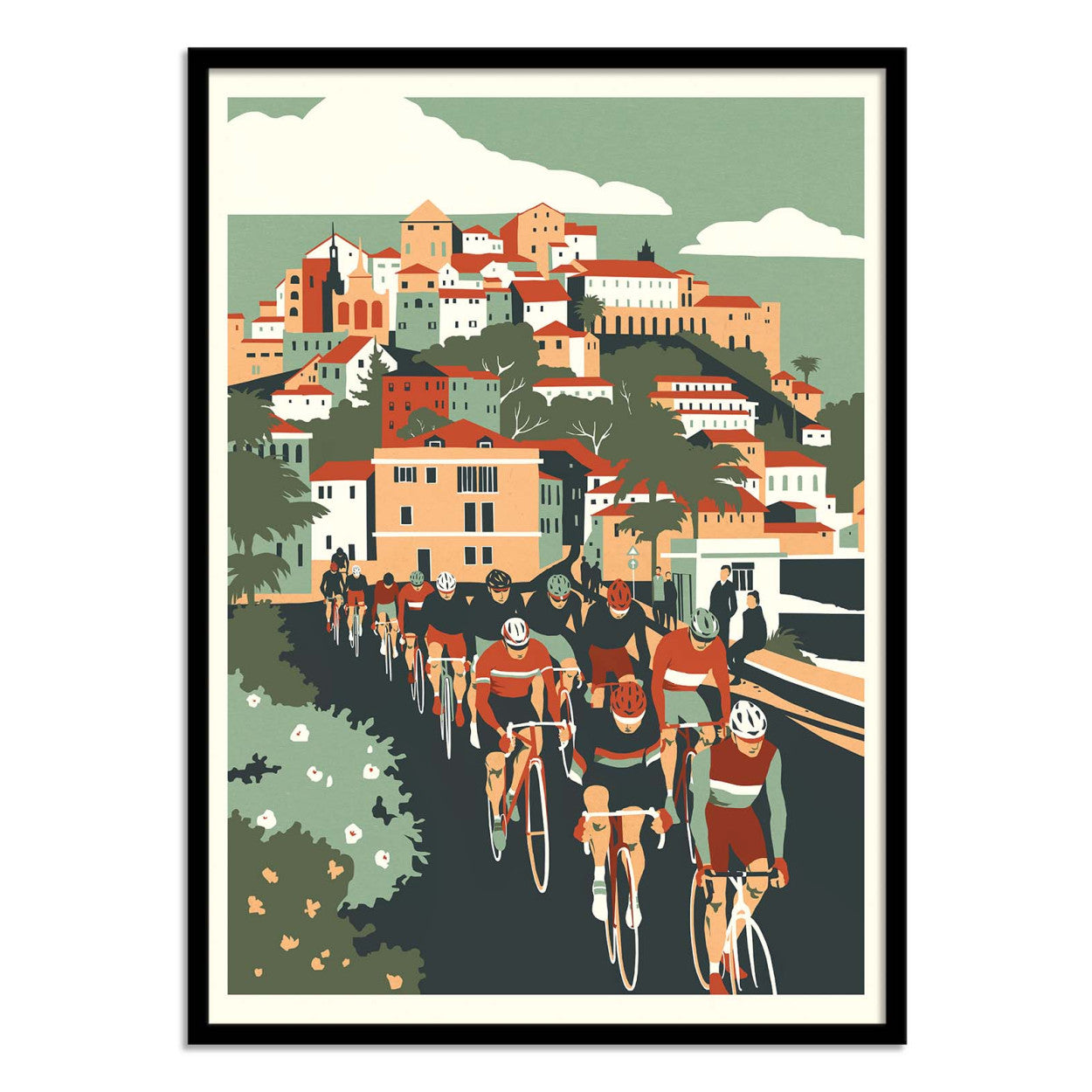 High-quality art print Milan San Remo by Eliza Southwood, showing cyclists racing along the Italian Riviera under a sunlit sky with colorful hillside houses. Retro-inspired illustration celebrating classic cycling, perfect wall art for sports and design lovers.