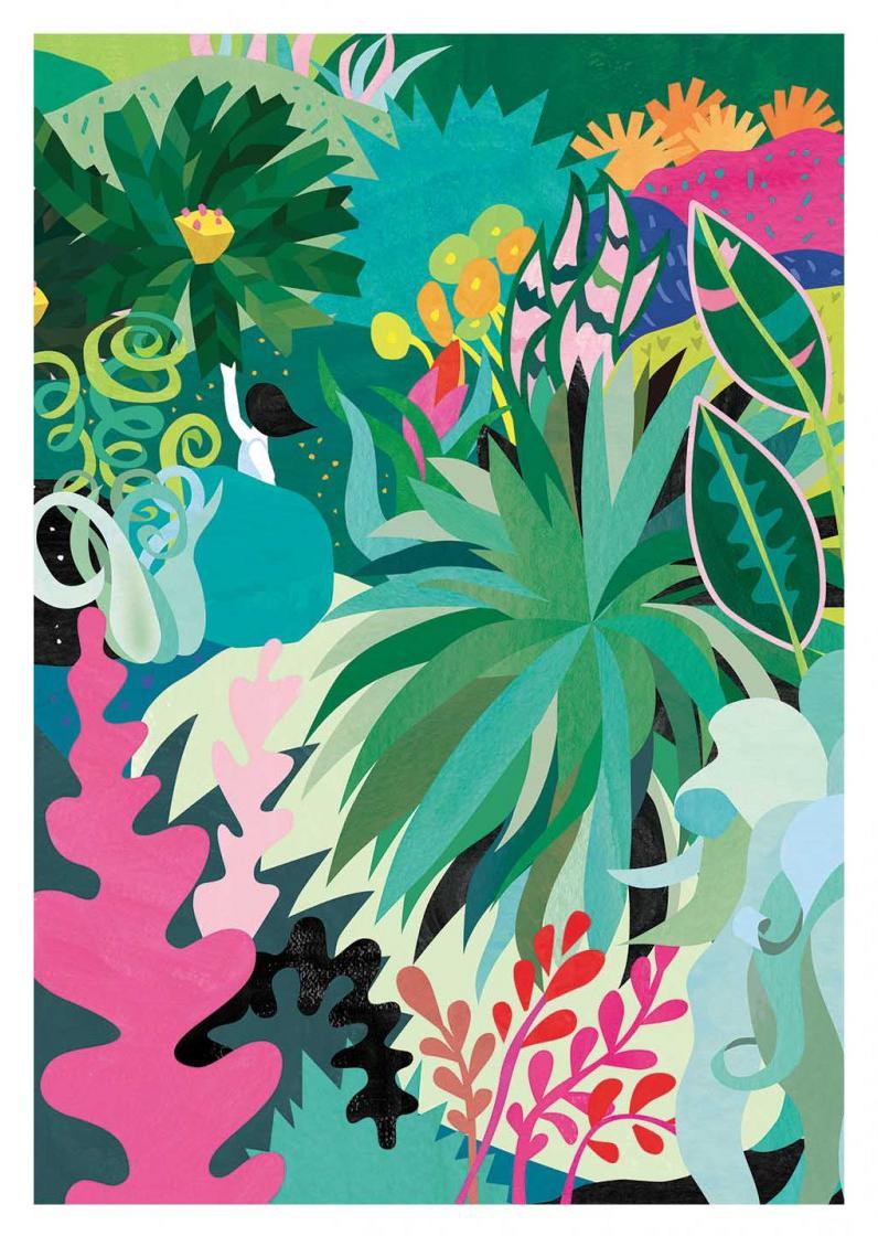 Colorful botanical art print by Shihotana featuring a vibrant jungle scene with lush tropical leaves, pink and green foliage, and abstract organic shapes. Perfect modern wall art for bright interiors and nature lovers.