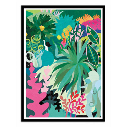 Colorful botanical art print by Shihotana featuring a vibrant jungle scene with lush tropical leaves, pink and green foliage, and abstract organic shapes. Perfect modern wall art for bright interiors and nature lovers.