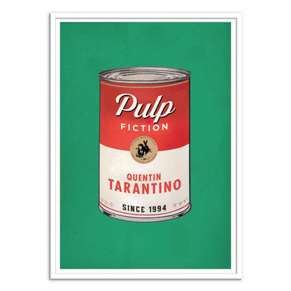 Pulp Fiction by David Redon – 30x40 cm retro pop art poster featuring a vintage tin can design labeled Quentin Tarantino, with Mia Wallace illustration. Bold green background, perfect wall art for film lovers and pop culture fans.