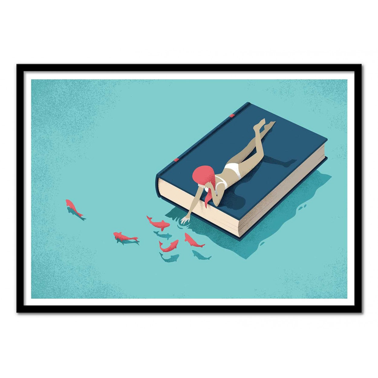 Art print Relaxing by Andrea de Santis showing a woman in a white swimsuit lying on a large blue book floating on turquoise water, reaching toward red fish — a surreal minimalist illustration symbolizing imagination, reading, and tranquility.