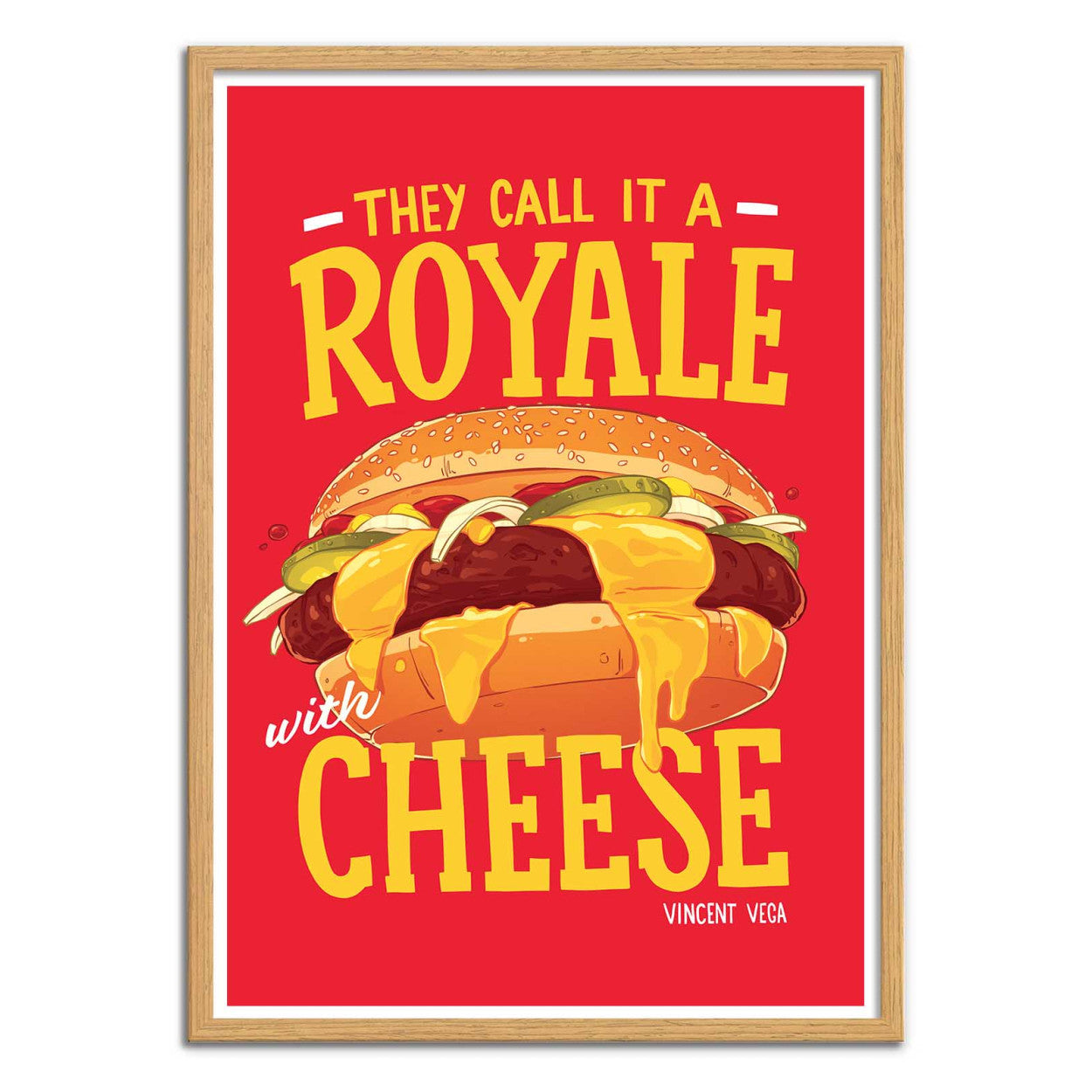 Royale with Cheese by Barrie Jones – 30x40 cm art print featuring a mouthwatering cheeseburger inspired by Quentin Tarantino’s Pulp Fiction. Bold red background, dripping melted cheese, cinematic pop art illustration perfect for kitchens, bars, restaurants, and movie lovers.