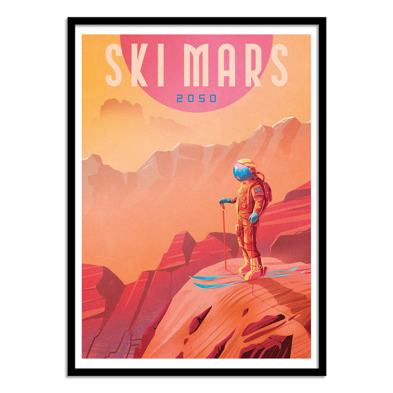 Retro-futuristic art print Ski Mars by Mark Harrison showing an astronaut skier overlooking the red Martian landscape under a pink sun. Vibrant orange and blue tones create a nostalgic sci-fi travel poster style, perfect wall art for design and space lovers.