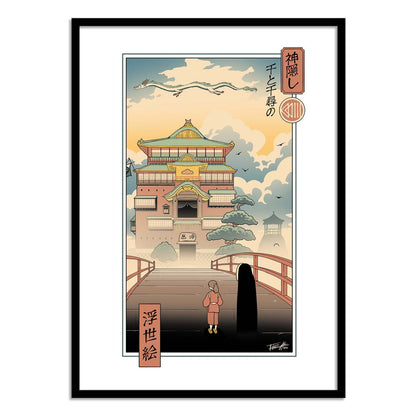 Japanese Ukiyo-e style art print by Vincent Trinidad inspired by Spirited Away, featuring a traditional bathhouse, bridge, dragon in the sky, and two characters standing before the entrance at sunset; high-quality digital art print 50x70 cm printed in France.