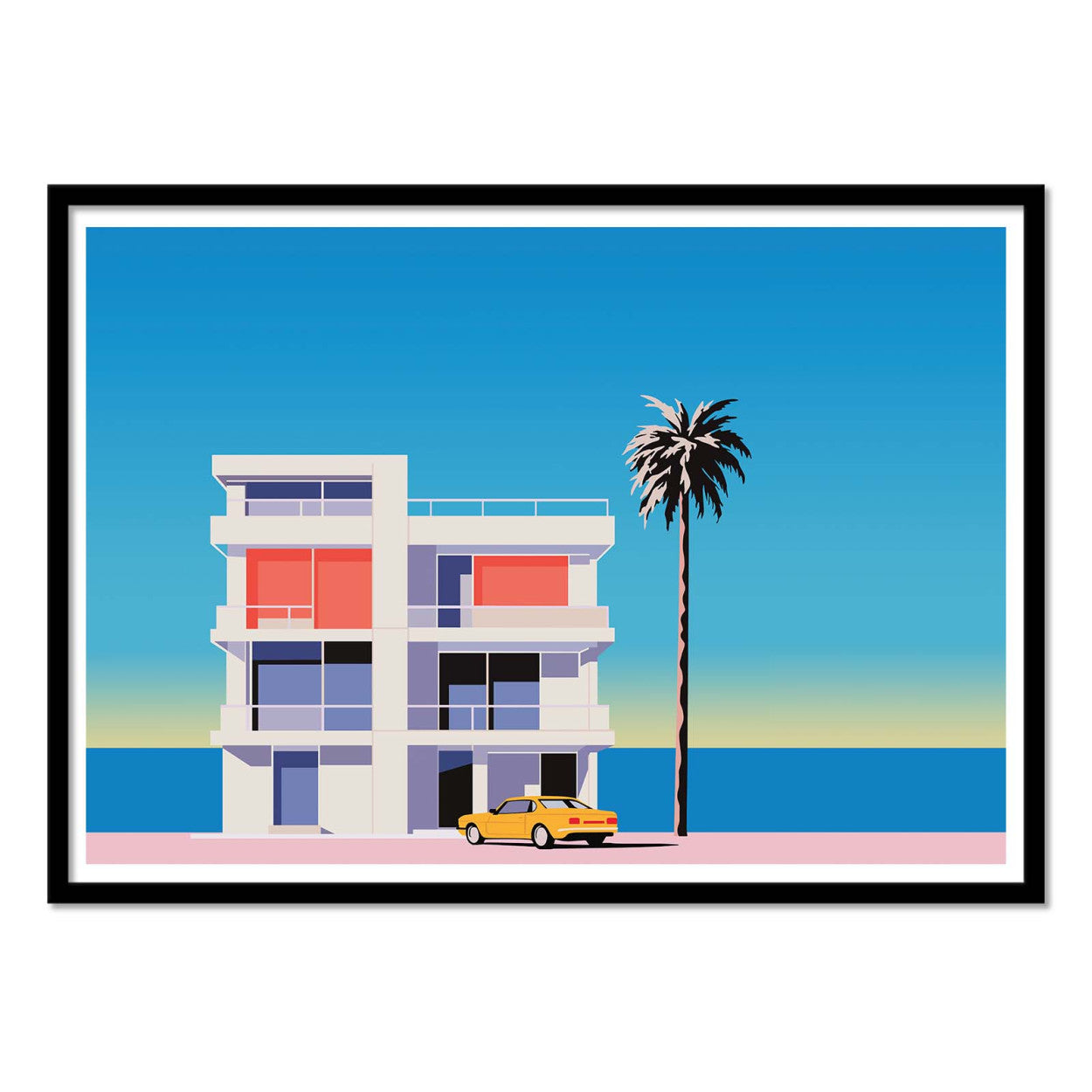 Summer by Vistas Studio – 30x40 cm art print of a modern seaside villa with palm tree, blue ocean, and yellow car, minimalist vector coastal architecture illustration, perfect wall decor for beach houses and modern interiors.