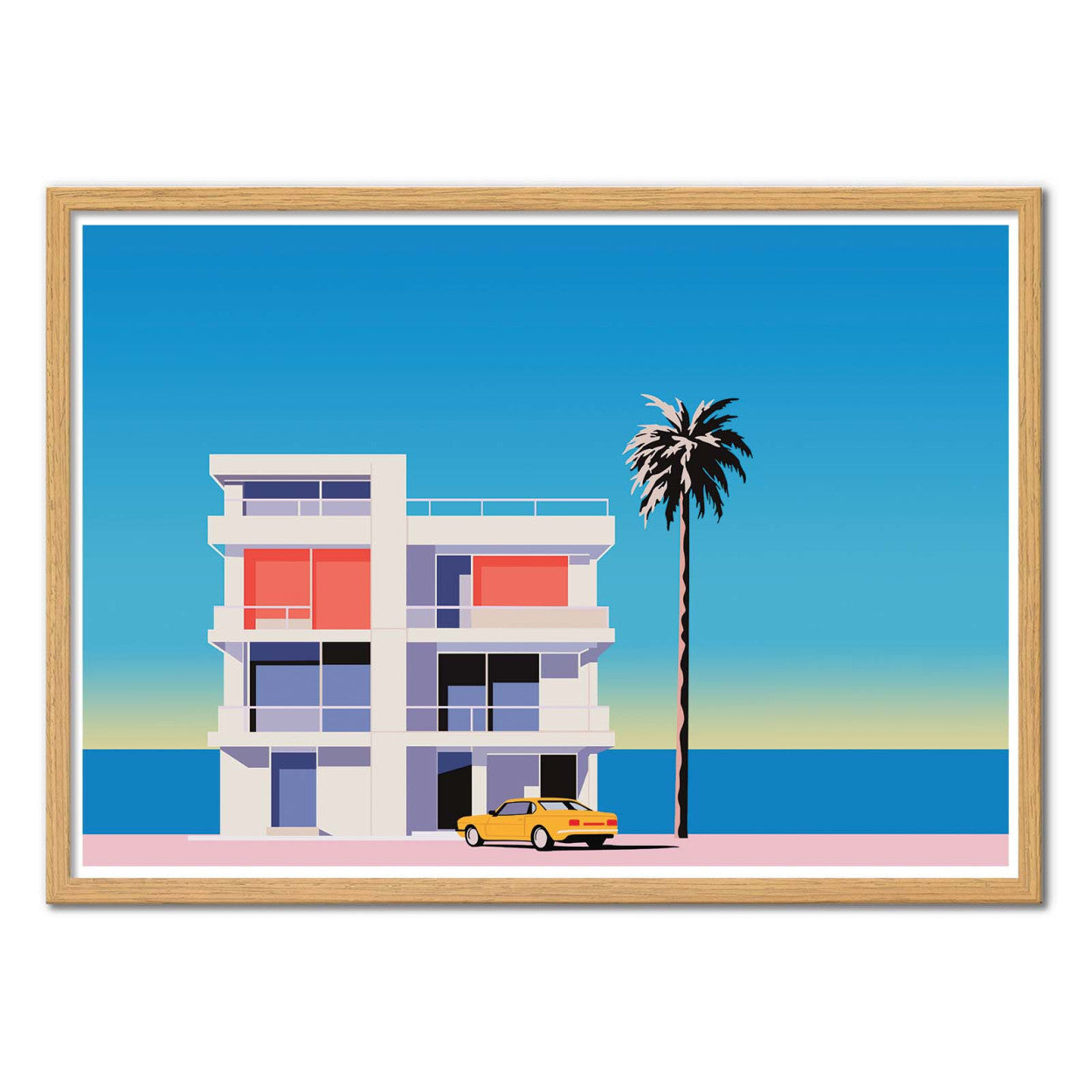 Summer by Vistas Studio – 30x40 cm art print of a modern seaside villa with palm tree, blue ocean, and yellow car, minimalist vector coastal architecture illustration, perfect wall decor for beach houses and modern interiors.