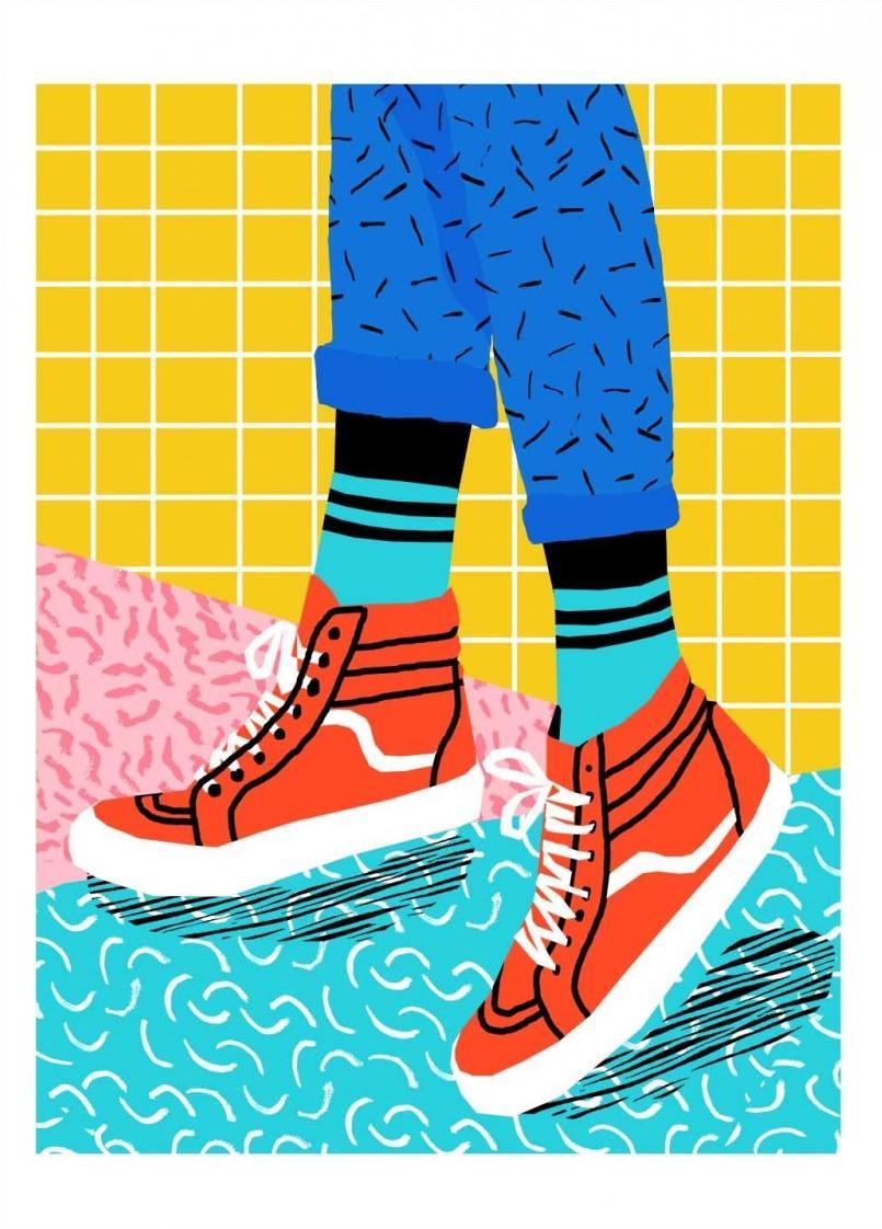 Vibrant pop art print titled Toe Drag by Wacka showing red high-top sneakers, bright patterned socks, and rolled-up blue jeans against a colorful Memphis-style background in yellow, pink, and turquoise — modern street art poster, 50x70 cm digital print, perfect for contemporary interiors and sneaker lovers.