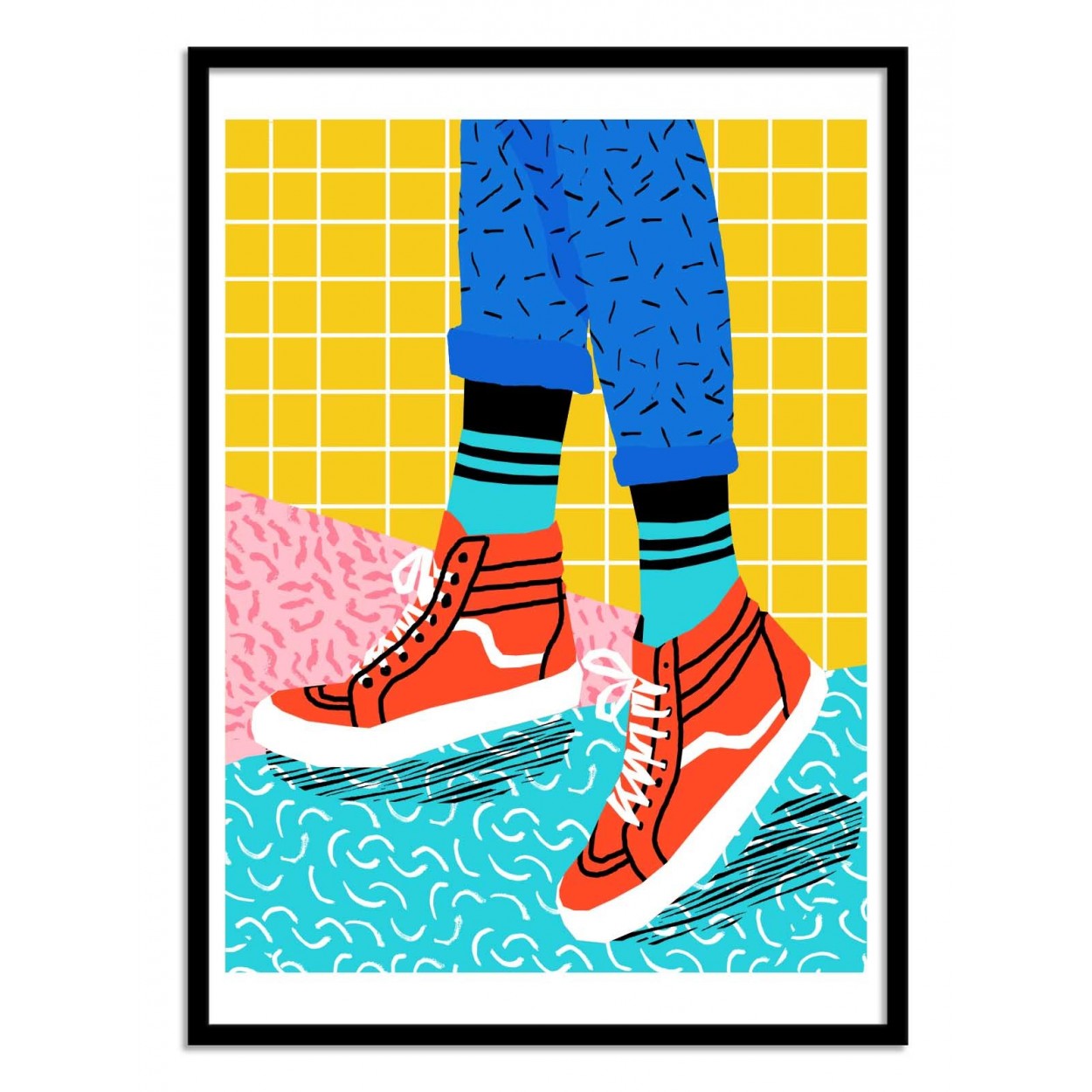 Vibrant pop art print titled Toe Drag by Wacka showing red high-top sneakers, bright patterned socks, and rolled-up blue jeans against a colorful Memphis-style background in yellow, pink, and turquoise — modern street art poster, 50x70 cm digital print, perfect for contemporary interiors and sneaker lovers.